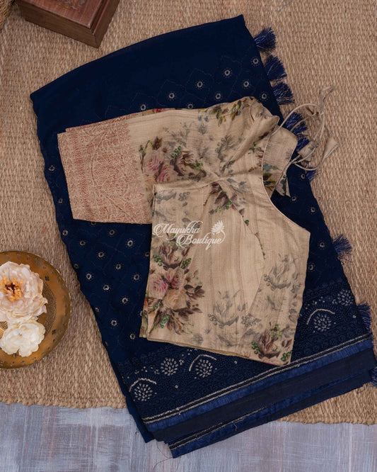Chikakari Pure Georgette With Tussar Georgette Blouse Navy Blue & Beige Blue Chikan Saree With Stitched Blouse In Size 38-44 mayukhasarees
