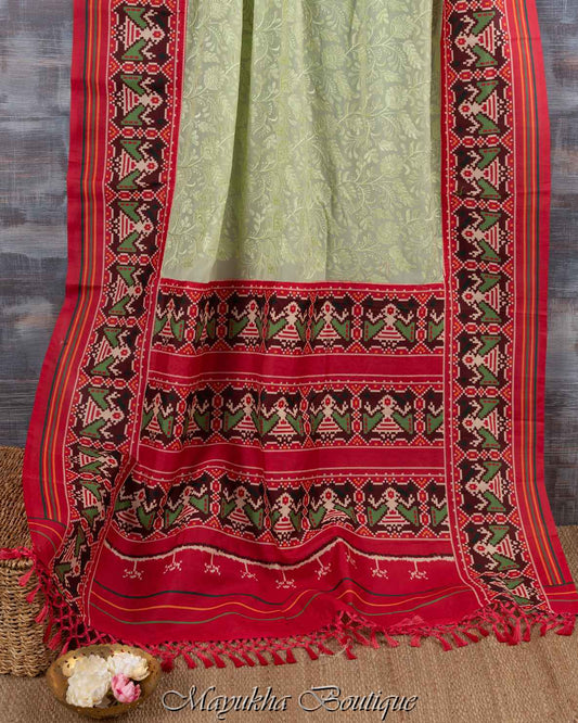 Chikankari Ikat Pastel Green Saree mayukhasarees