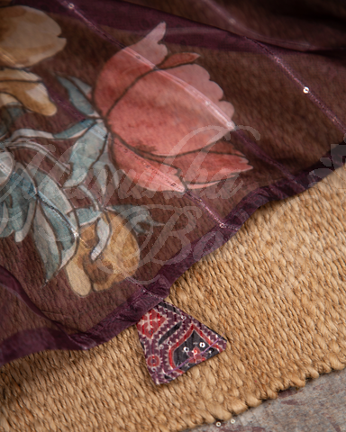 Floral Printed Organza Saree With Dhana Border And Ajrak Blouse With Stitched Blouse In Size 38-44 mayukhasarees