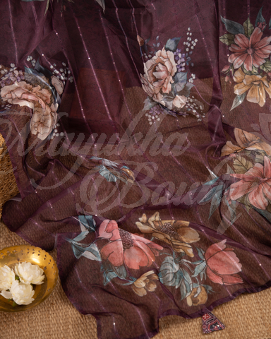 Floral Printed Organza Saree With Dhana Border And Ajrak Blouse With Stitched Blouse In Size 38-44 mayukhasarees