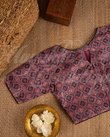 Floral Printed Organza Saree With Dhana Border And Ajrak Blouse With Stitched Blouse In Size 38-44 mayukhasarees