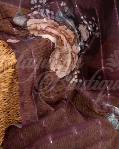Floral Printed Organza Saree With Dhana Border And Ajrak Blouse With Stitched Blouse In Size 38-44 mayukhasarees
