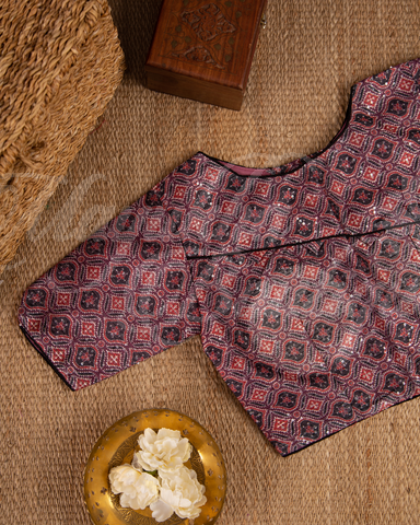 Floral Printed Organza Saree With Dhana Border And Ajrak Blouse With Stitched Blouse In Size 38-44 mayukhasarees