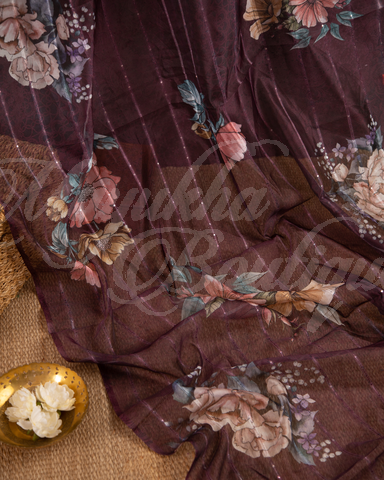 Floral Printed Organza Saree With Dhana Border And Ajrak Blouse With Stitched Blouse In Size 38-44 mayukhasarees
