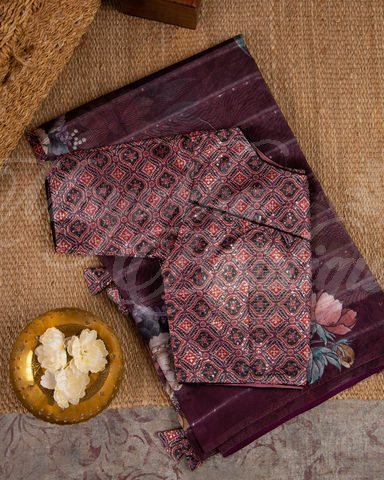 Floral Printed Organza Saree With Dhana Border And Ajrak Blouse With Stitched Blouse In Size 38-44 mayukhasarees