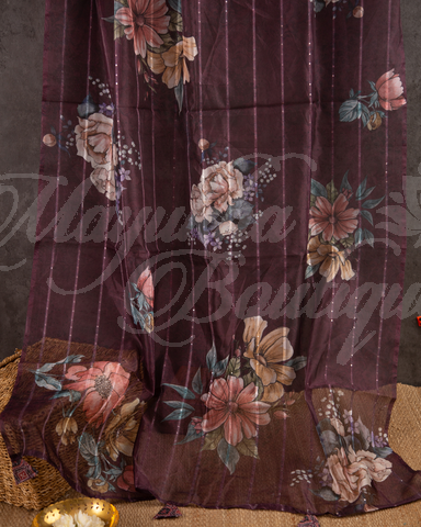 Floral Printed Organza Saree With Dhana Border And Ajrak Blouse With Stitched Blouse In Size 38-44 mayukhasarees