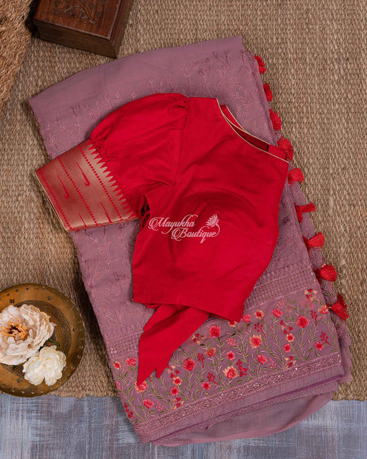 Georgette With Beautiful Thread Work And Paithani Blouse Mauve & Red Lovely Secrets Saree With Stitched Blouse In Size 38-44 mayukhasarees