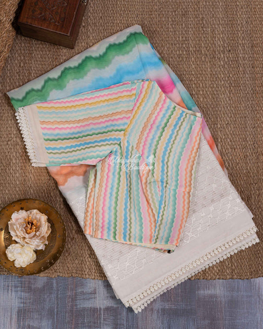 Georgette With Chikankari Embroidered Borders Beige & Multi Raising Rainbow Saree With Stitched Blouse In Size 38-44 mayukhasarees