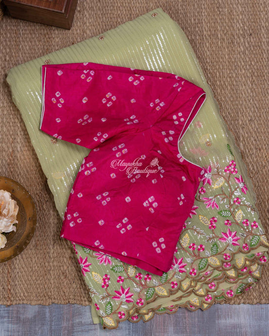 Georgette With Sequins Embroidery And Pure Munga Silk Bandini Printed Blouse Pastel Green & Pink Green Jingles Saree With Stitched Blouse In Size 38-44 mayukhasarees