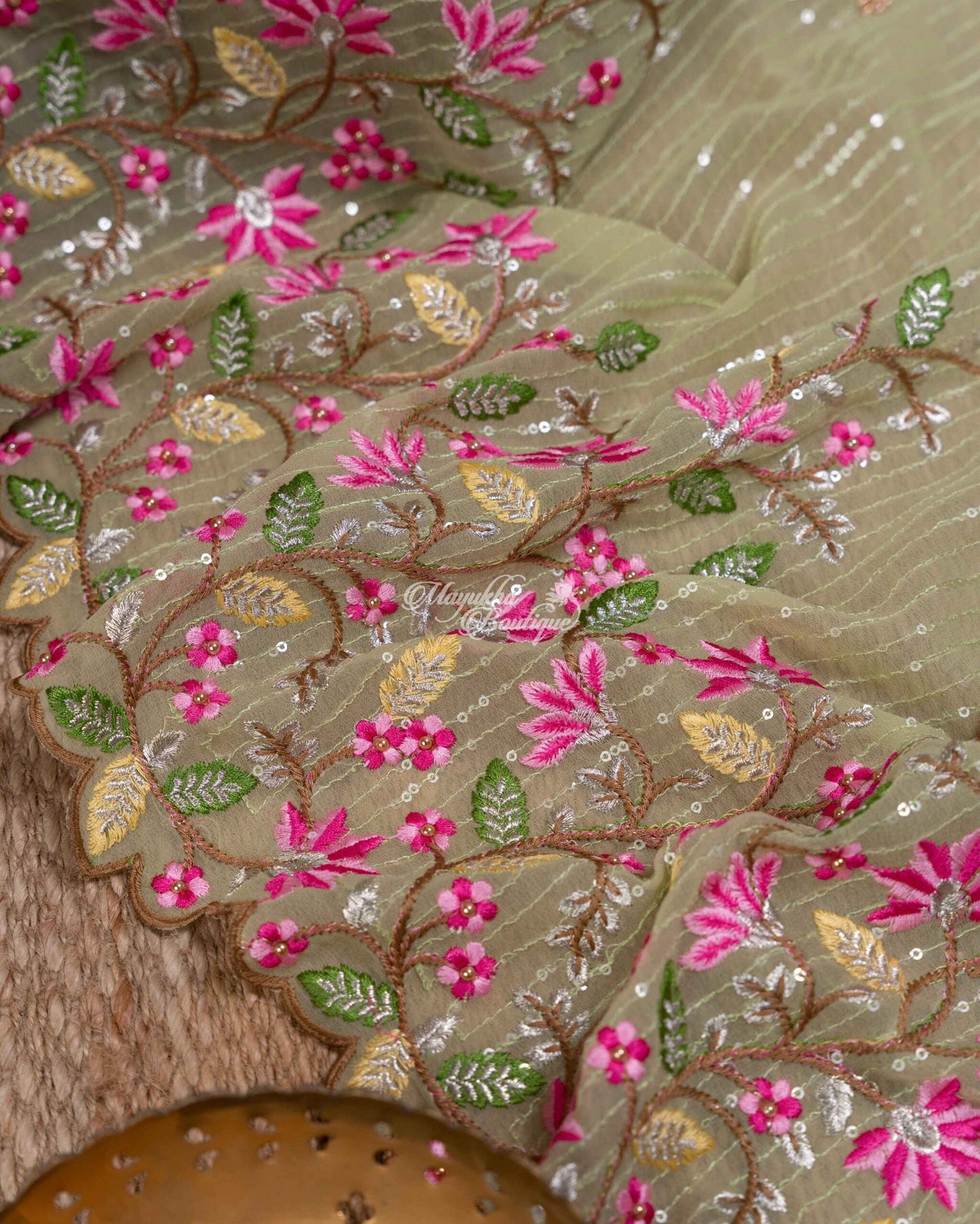 Georgette With Sequins Embroidery And Pure Munga Silk Bandini Printed Blouse Pastel Green & Pink Green Jingles Saree With Stitched Blouse In Size 38-44 mayukhasarees
