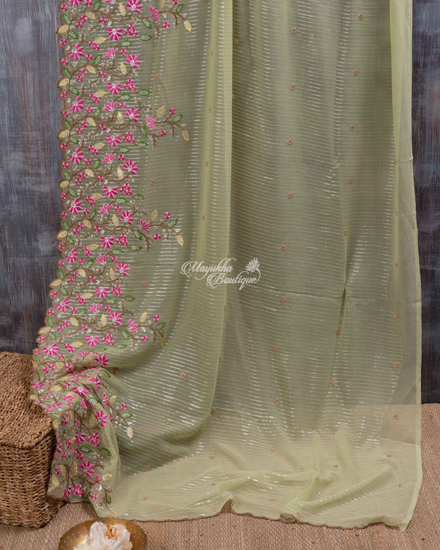 Georgette With Sequins Embroidery And Pure Munga Silk Bandini Printed Blouse Pastel Green & Pink Green Jingles Saree With Stitched Blouse In Size 38-44 mayukhasarees