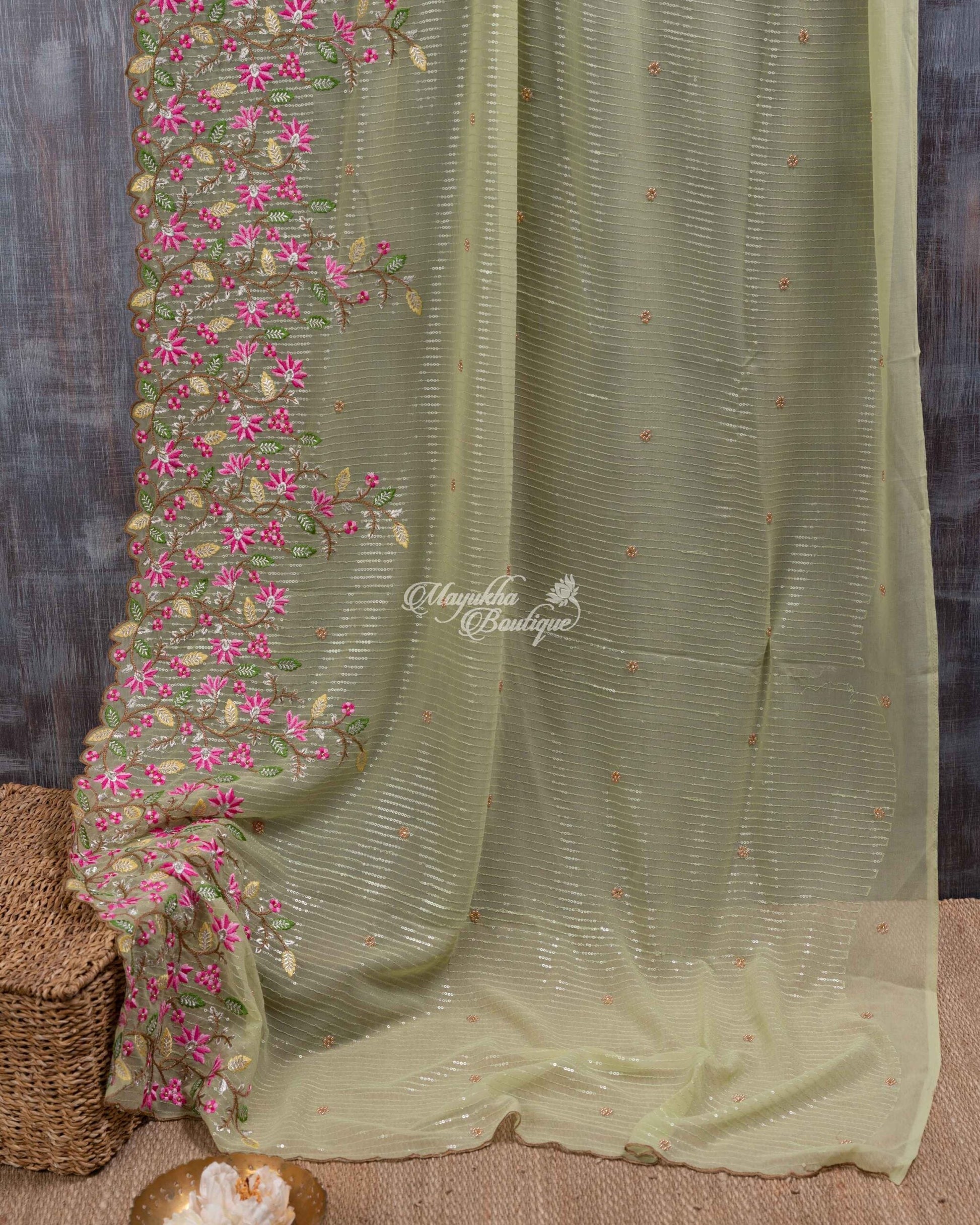 Georgette With Sequins Embroidery And Pure Munga Silk Bandini Printed Blouse Pastel Green & Pink Green Jingles Saree With Stitched Blouse In Size 38-44 mayukhasarees