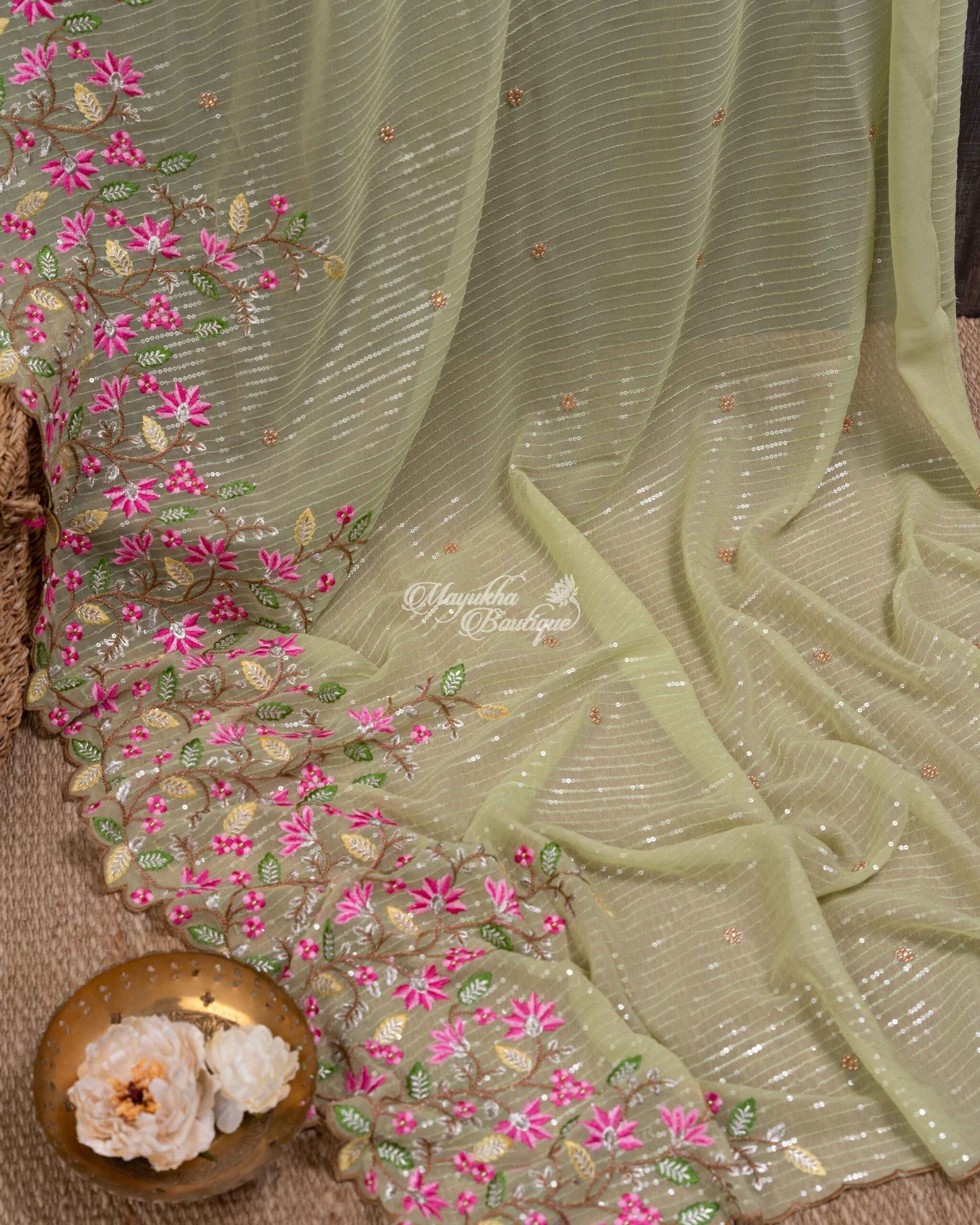 Georgette With Sequins Embroidery And Pure Munga Silk Bandini Printed Blouse Pastel Green & Pink Green Jingles Saree With Stitched Blouse In Size 38-44 mayukhasarees