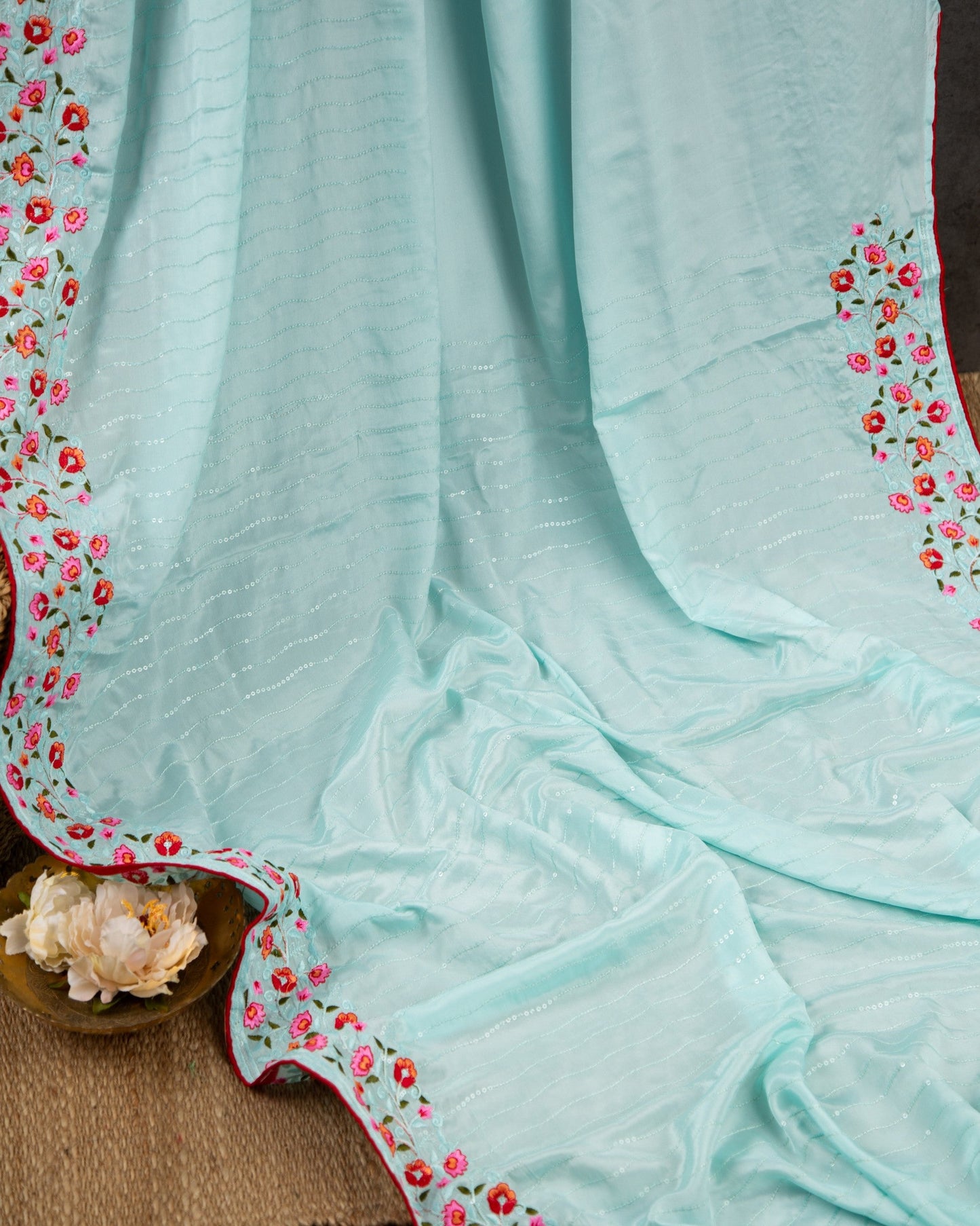 Gorgette With Sequins Embroidery Ice Blue & Red Ivy Iceage Saree With Stitched Blouse In Size 38-44 mayukhasarees