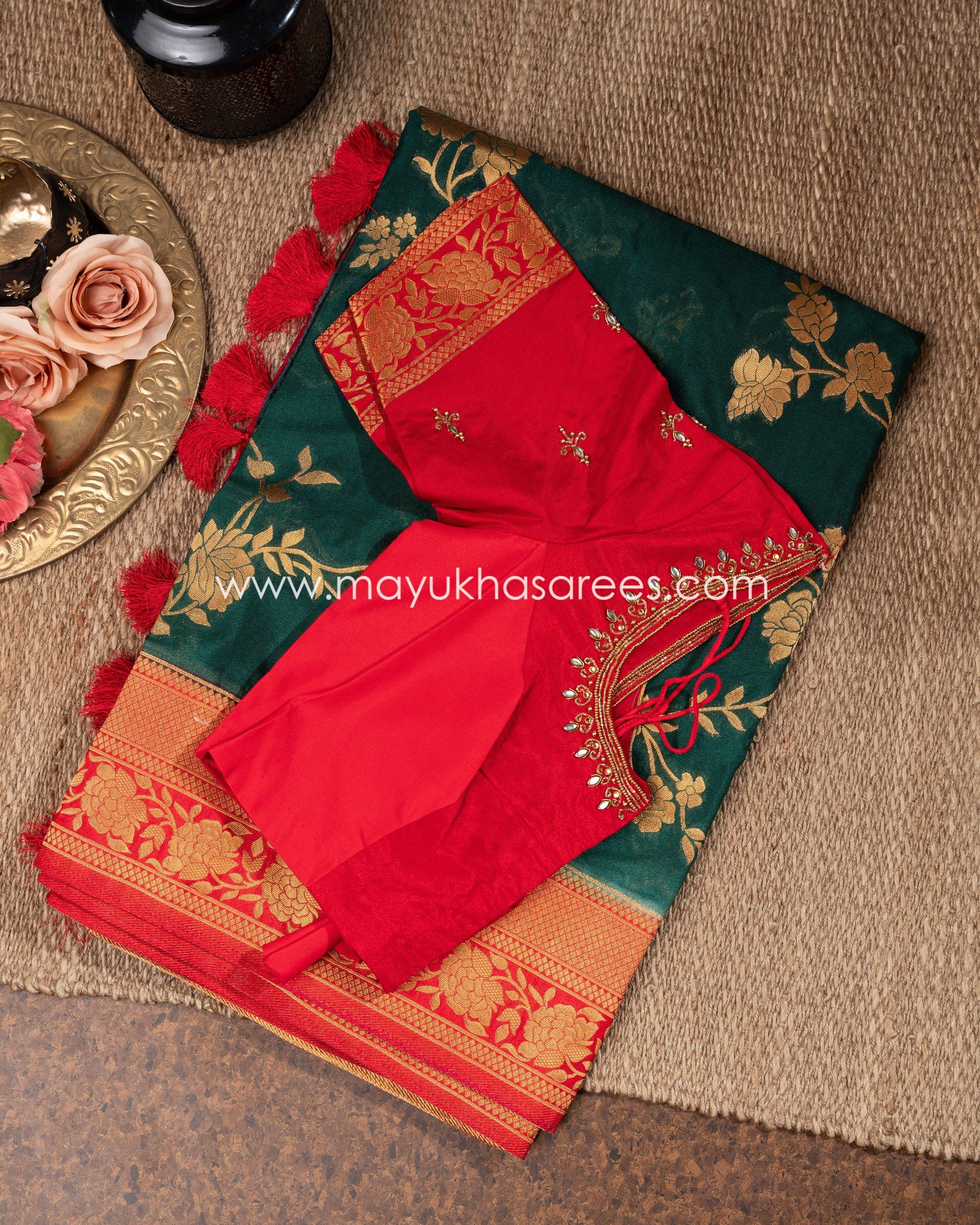 Green Banarasi Munga Silk Saree With Stitched Blouse mayukhasarees