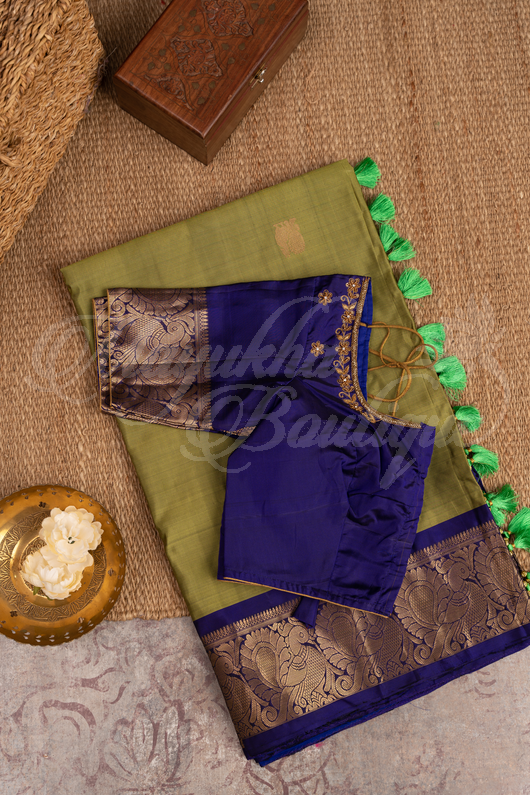 Green Kanchipuram Butta Saree With Blue Blouse With Stitched Blouse In Size 38-44 mayukhasarees