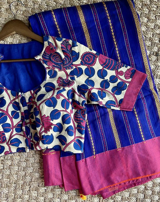 Ink Blue & Pink Khadi Cotton Saree With Jamdhani Pallu mayukhasarees