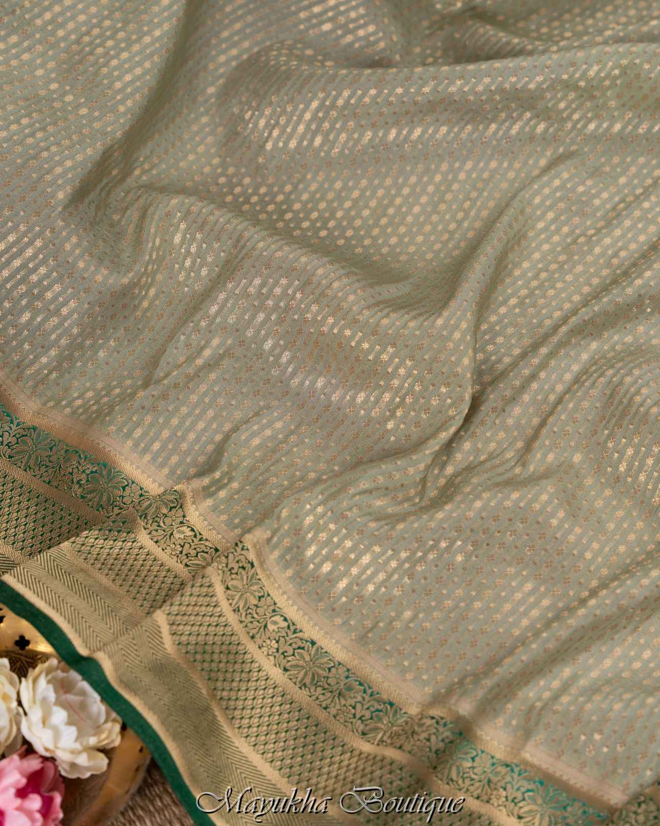 Light green saree & Blouse with golden zari weaving,Soft Banarasi Silk. |  Saree designs party wear, Saree designs, Stylish sarees