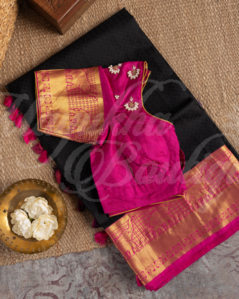 Kanchipuram Black & Magenta Saree With Stitched Blouse In Size 38-44 mayukhasarees