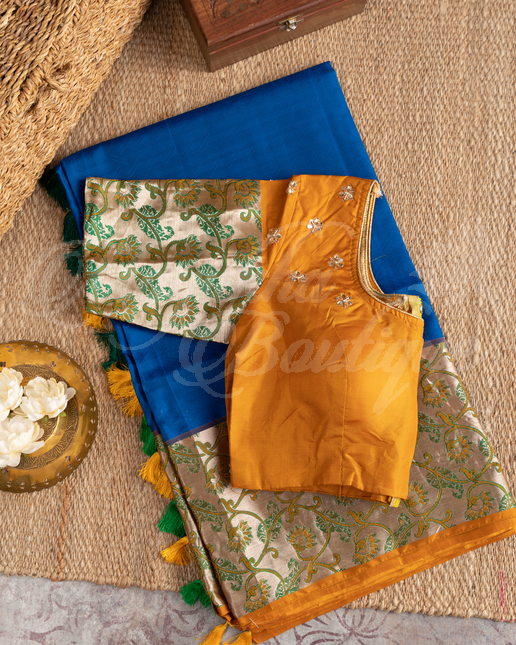 Kanchipuram Blue & Mustard Saree With Stitched Blouse In Size 38-44 mayukhasarees