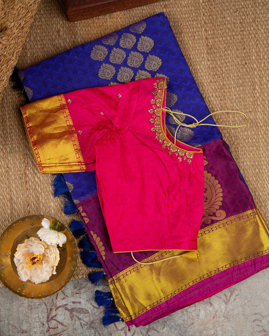 Kanchipuram Blue & Pink Code Blue Saree With Stitched Blouse In Size 38-44 mayukhasarees