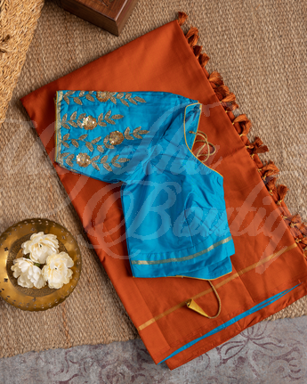 Kanchipuram Brick & Copper Sulfate Blue Saree With Stitched Blouse In Size 38-44 mayukhasarees