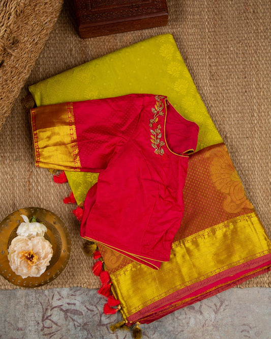 Kanchipuram Brocade Banana Leaf Green & Red Extravagant Affair Saree With Stitched Blouse In Size 38-44 mayukhasarees