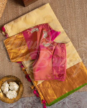 Kanchipuram Butta Beige Saree With Stitched Blouse In Size 38-44 mayukhasarees