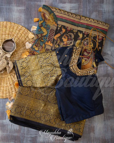 Kanchipuram Handpainted Kalamkari Saree With Stitched Blouse In Size 38-44 mayukhasarees