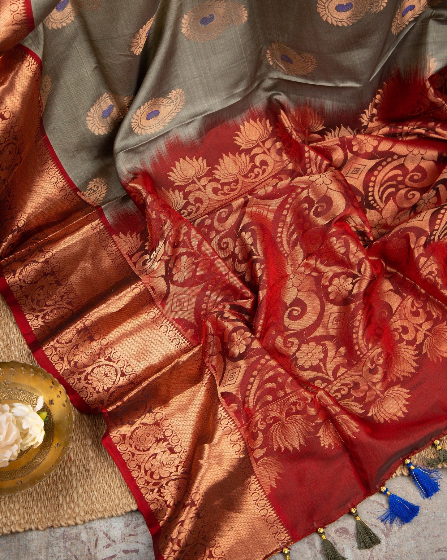 Kanchipuram Koravai Gray & Maroon Dawn-Y Affair Saree With Stitched Blouse In Size 38-44 mayukhasarees