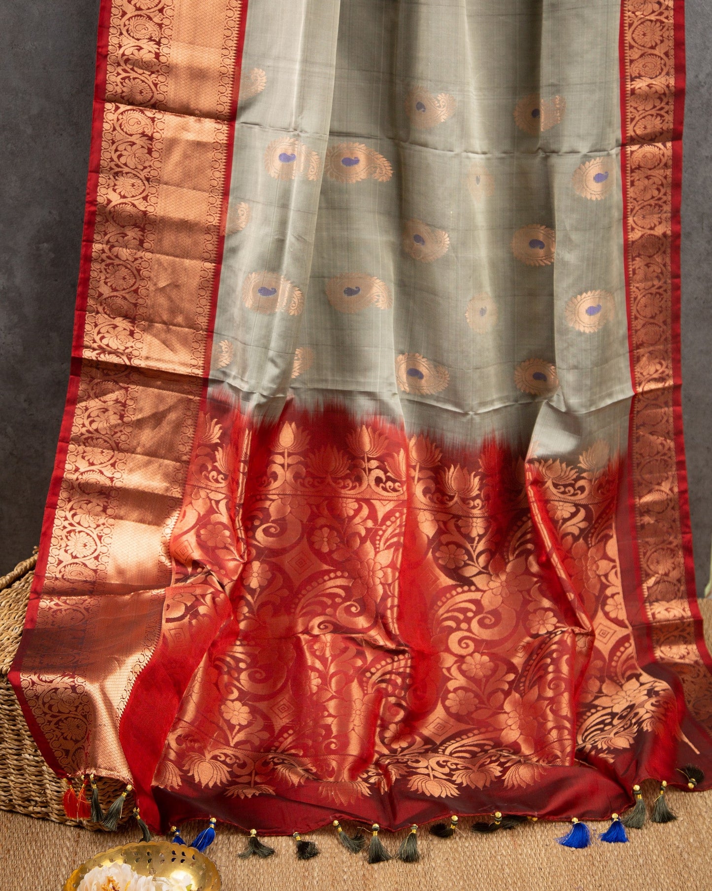 Kanchipuram Koravai Gray & Maroon Dawn-Y Affair Saree With Stitched Blouse In Size 38-44 mayukhasarees