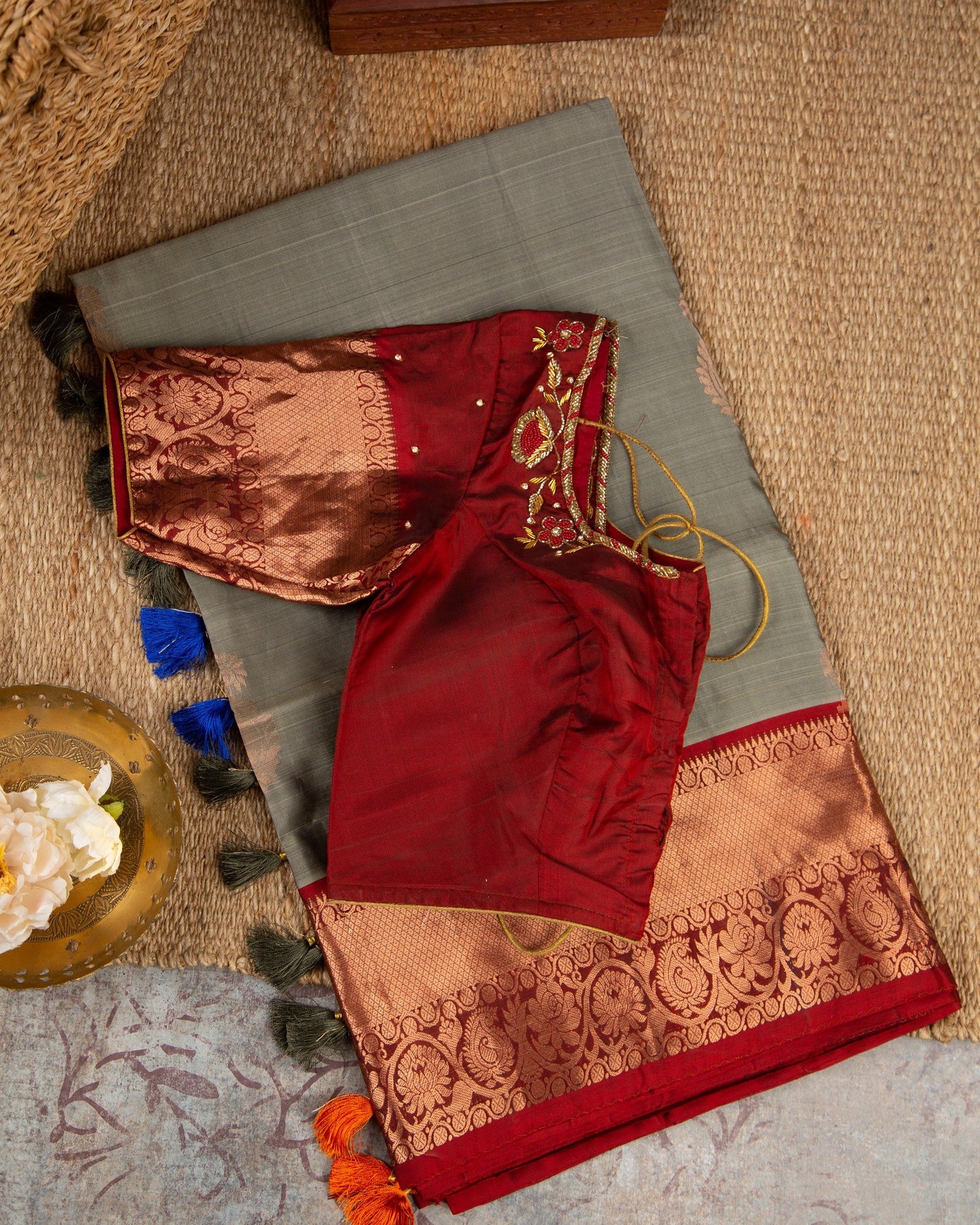 Kanchipuram Koravai Gray & Maroon Dawn-Y Affair Saree With Stitched Blouse In Size 38-44 mayukhasarees