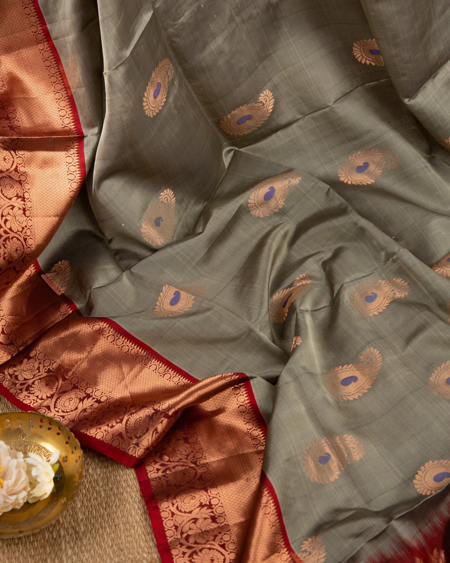 Kanchipuram Koravai Gray & Maroon Dawn-Y Affair Saree With Stitched Blouse In Size 38-44 mayukhasarees