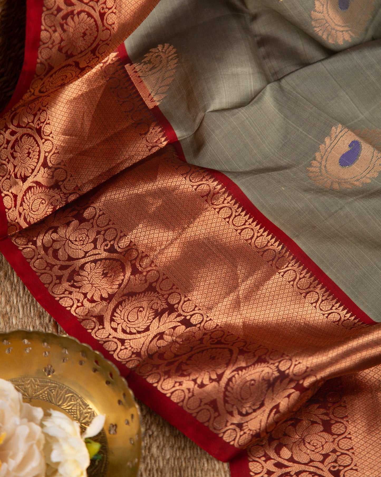 Kanchipuram Koravai Gray & Maroon Dawn-Y Affair Saree With Stitched Blouse In Size 38-44 mayukhasarees