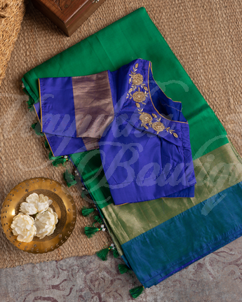 Kanchipuram Ocean Green & Blue Saree With Stitched Blouse In Size 38-44 mayukhasarees