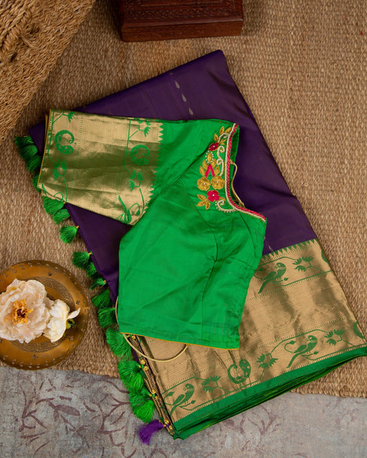 Kanchipuram Paithani Purple & Green Pristine Constant Saree With Stitched Blouse In Size 38-44 mayukhasarees