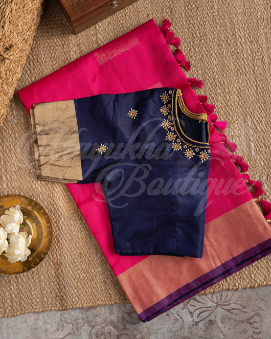 Kanchipuram Pink & Purple Saree With Stitched Blouse In Size 38-44 mayukhasarees