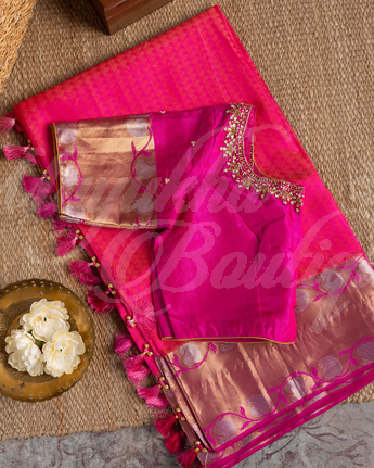 Kanchipuram Pink Saree With Stitched Blouse In Size 38-44 mayukhasarees