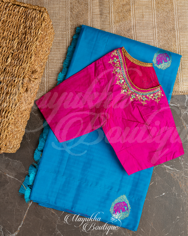 Kanchipuram Silk Butta Blue & Pink Saree With Stitched Blouse In Size 38-44 mayukhasarees