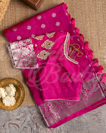 Kanchipuram Silk Butta Pink Saree With Stitched Blouse In Size 38-44 mayukhasarees