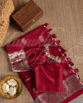 Kanchipuram Silk Maroon Saree With Stitched Blouse In Size 38-44 mayukhasarees