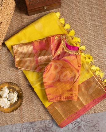 Kanchipuram Yellow & Peach Saree With Stitched Blouse In Size 38-44 mayukhasarees