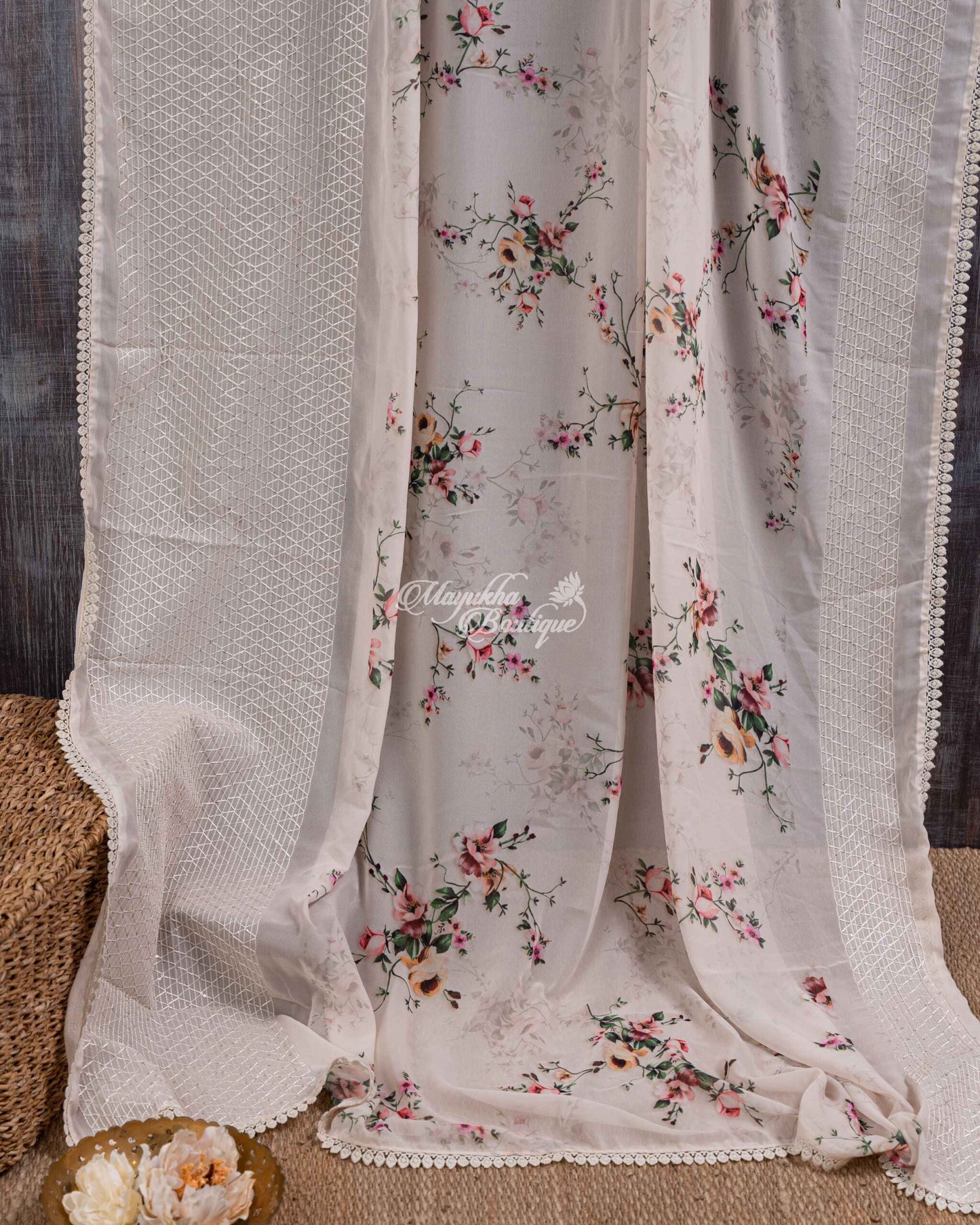 Light Weight Party Wear Georgette With Chikankari Embroidered Borders
Beige Creamy Edit Saree With Stitched Blouse In Size 38-44 mayukhasarees