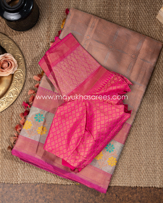 Mauve Banarasi Tanchoi Silk Saree With Stitched Blouse mayukhasarees