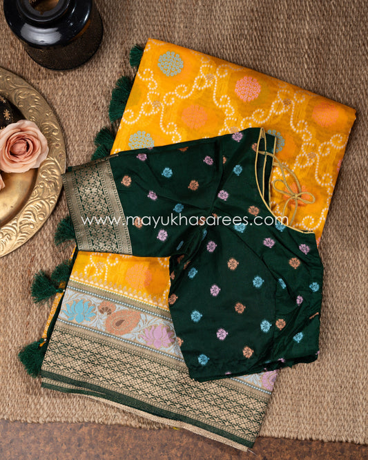 Mustard And Green Banarasi Tifli Silk Saree With Stitched Blouse mayukhasarees