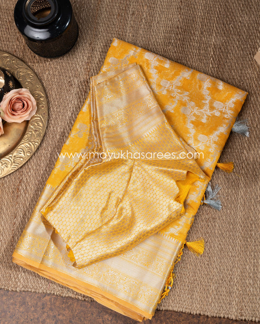 Mustard Banarasi Kora Silk Saree With Stitched Blouse mayukhasarees