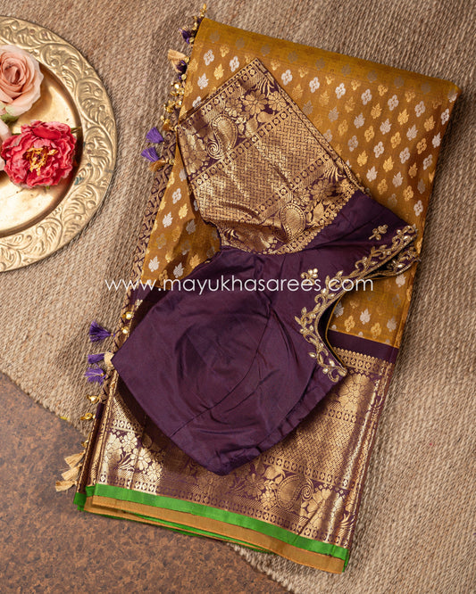 Mustard Gadwal Silk Saree With Stitched Blouse mayukhasarees