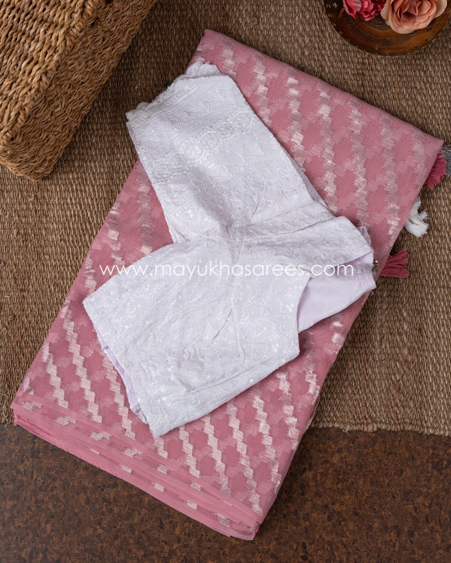 Lavender Blossom: Chikankari And Linen Gorgette Saree With Stitched Custom Blouse