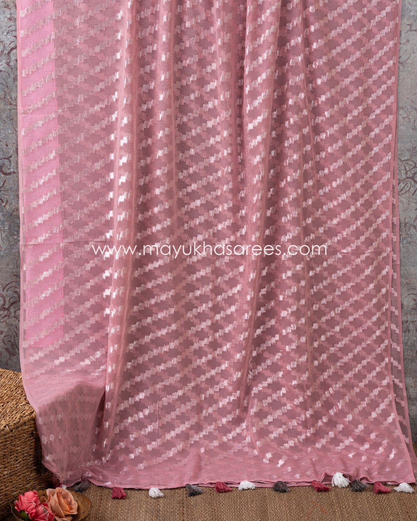 Lavender Blossom: Chikankari And Linen Gorgette Saree With Stitched Custom Blouse