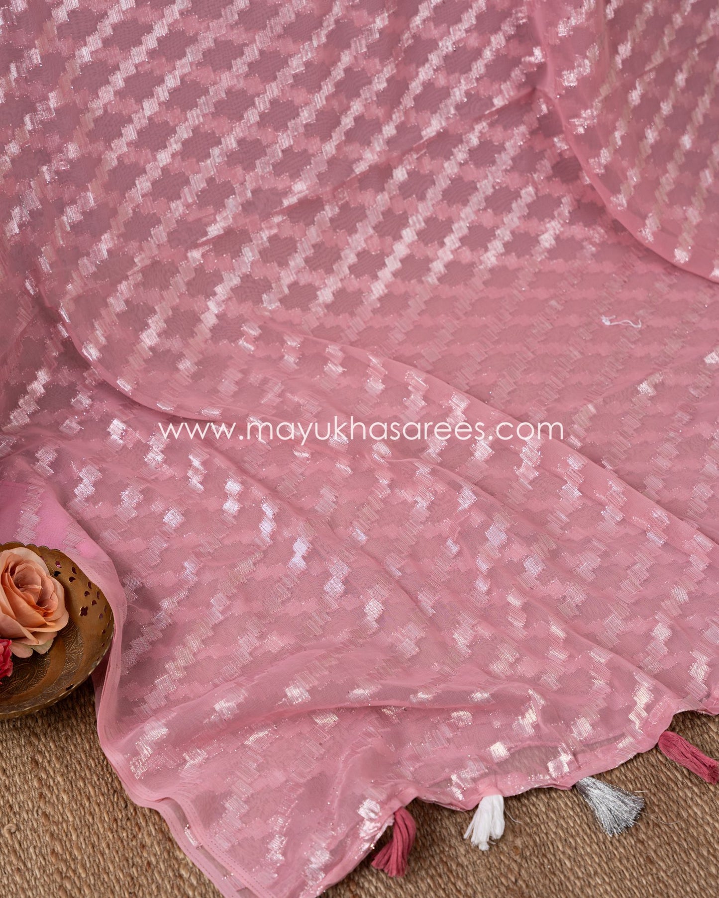 Lavender Blossom: Chikankari And Linen Gorgette Saree With Stitched Custom Blouse